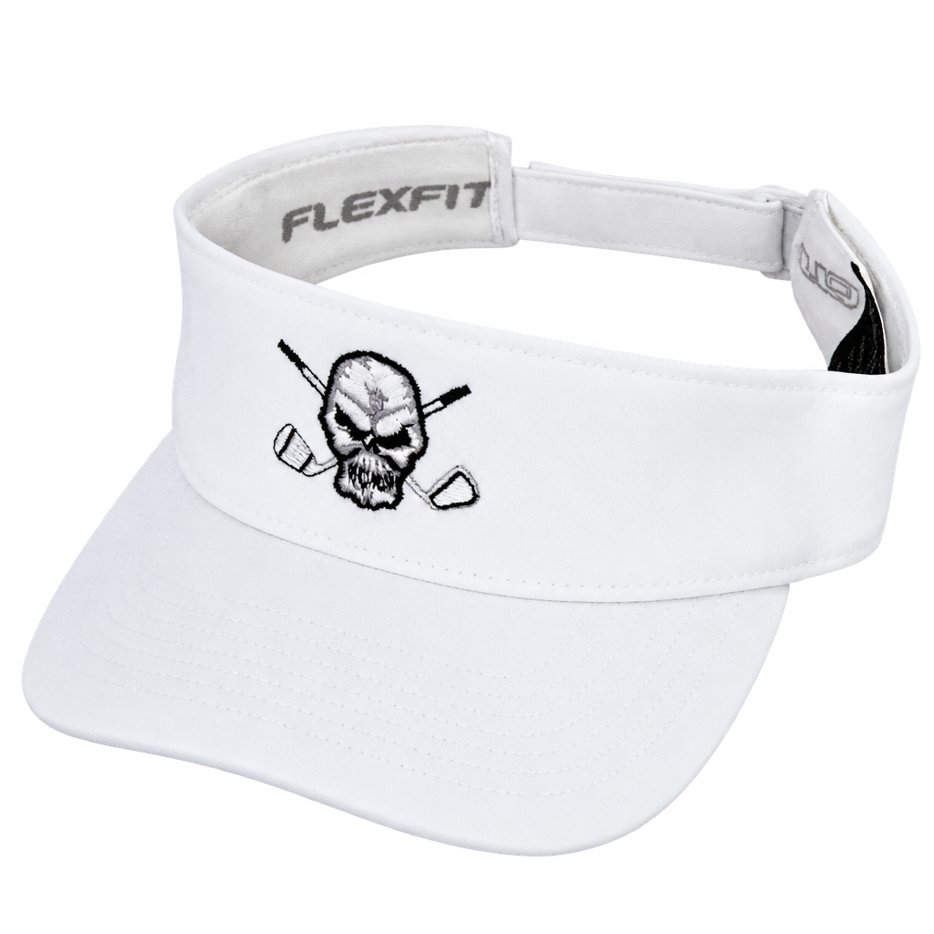 White golf visor with a black skull-and-crossed-clubs logo and visible FLEXFIT inner label.