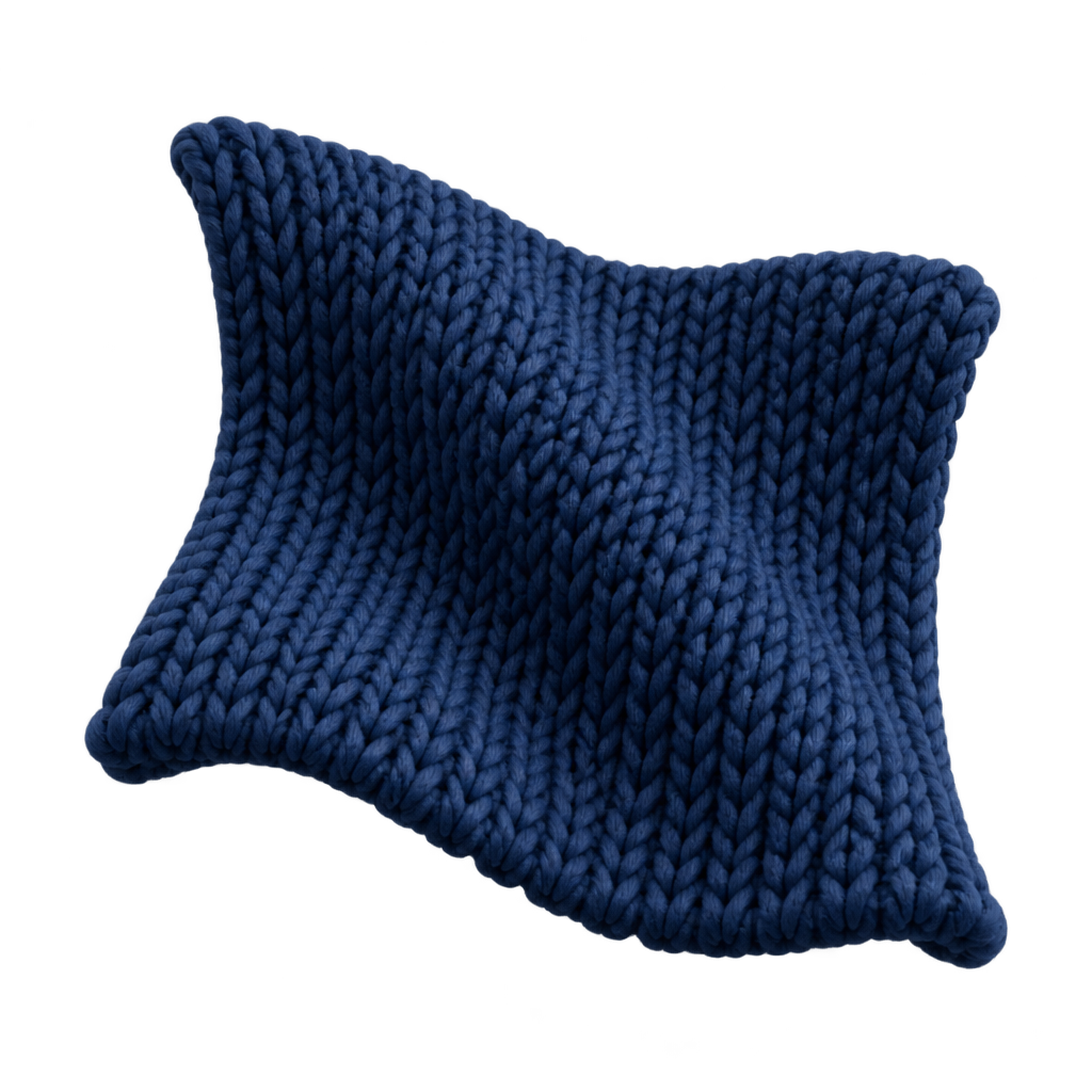 Illustration of a navy knitted fabric swatch with curled edges.
