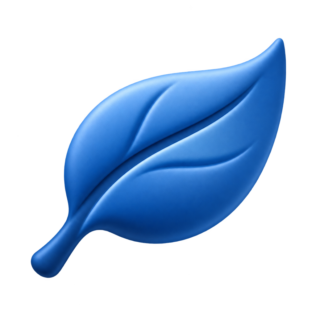 Glowing blue leaf icon.