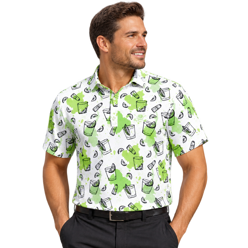 Man wearing a white golf polo with green and black cocktail-themed graphics, paired with black trousers.