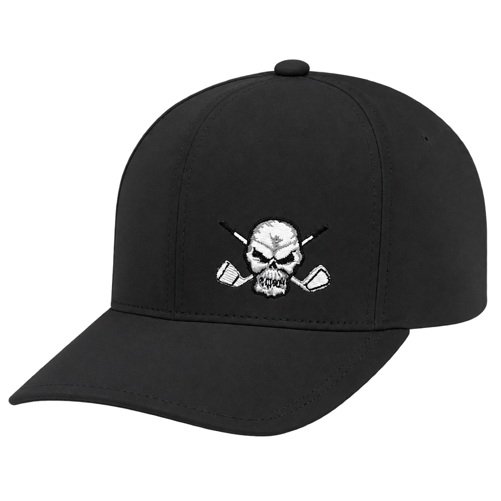 Black curved-brim cap with a white skull-and-crossed-clubs front logo.