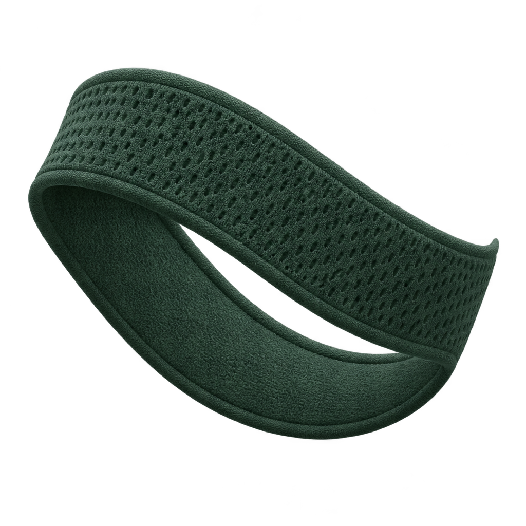 Illustration of a curved dark green perforated fabric band.