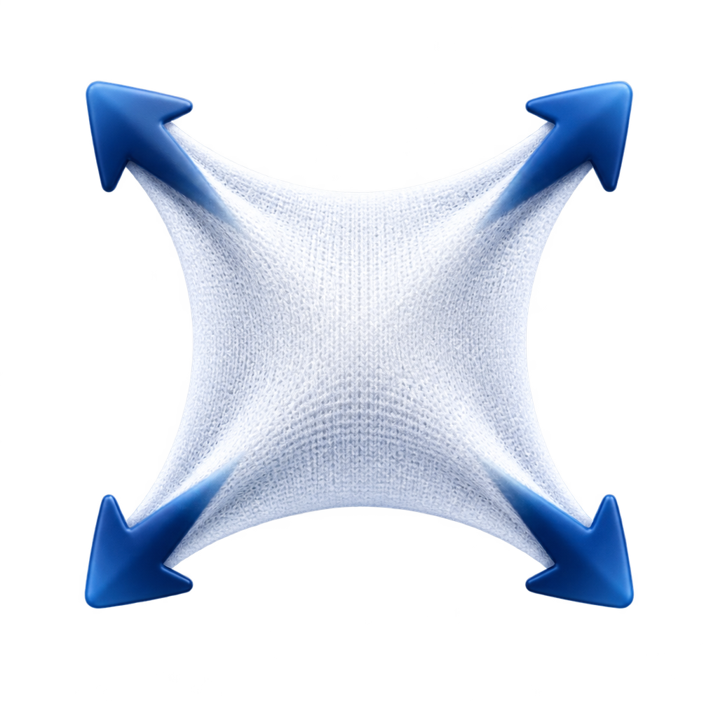 Illustration of white fabric pulled outward in four directions by blue arrows.
