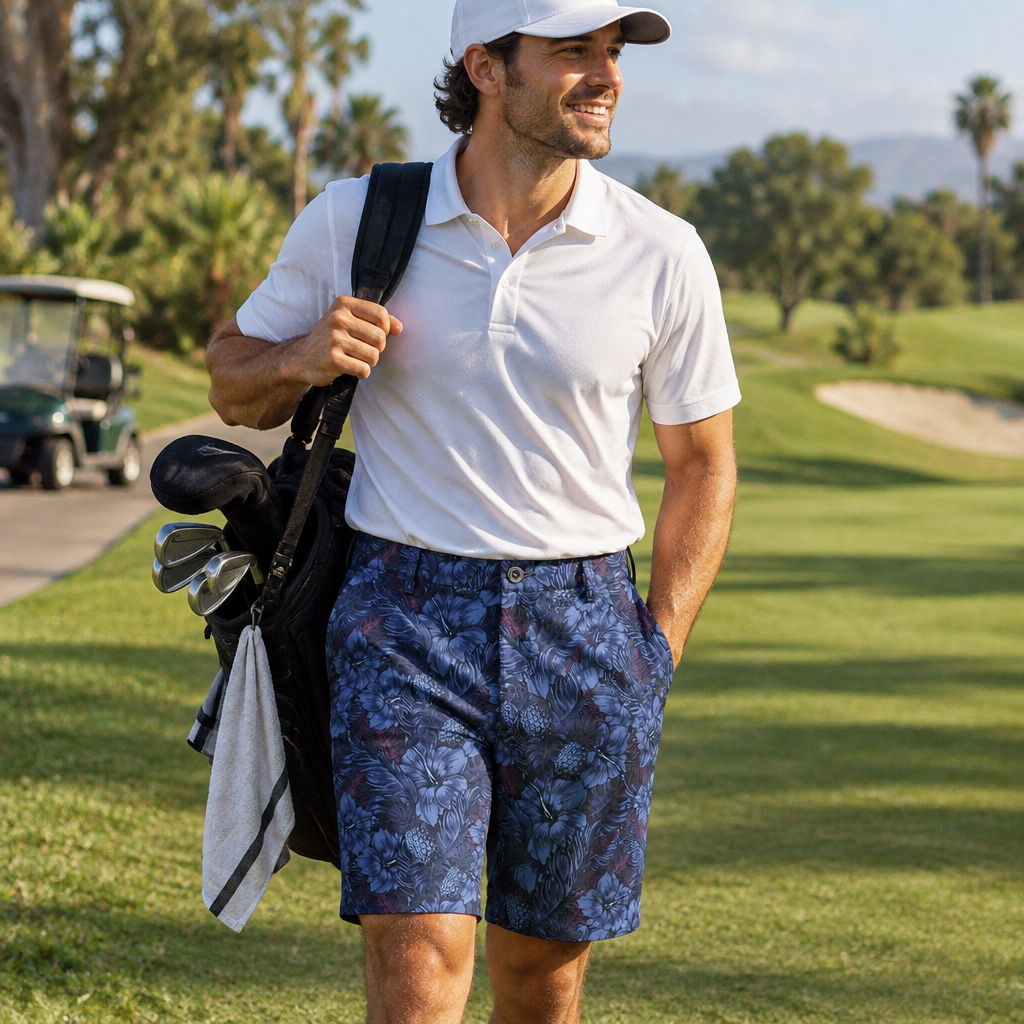 Man walking on a golf course in a white polo and blue tropical-floral shorts, carrying a golf bag.