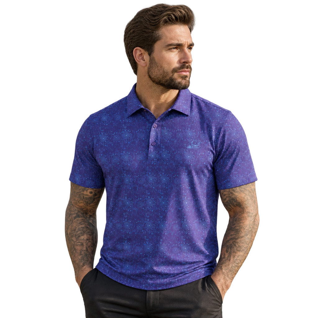 Man wearing the Tattoo Golf Hazard purple and blue golf polo with circular line-art print against a dark purple glow.