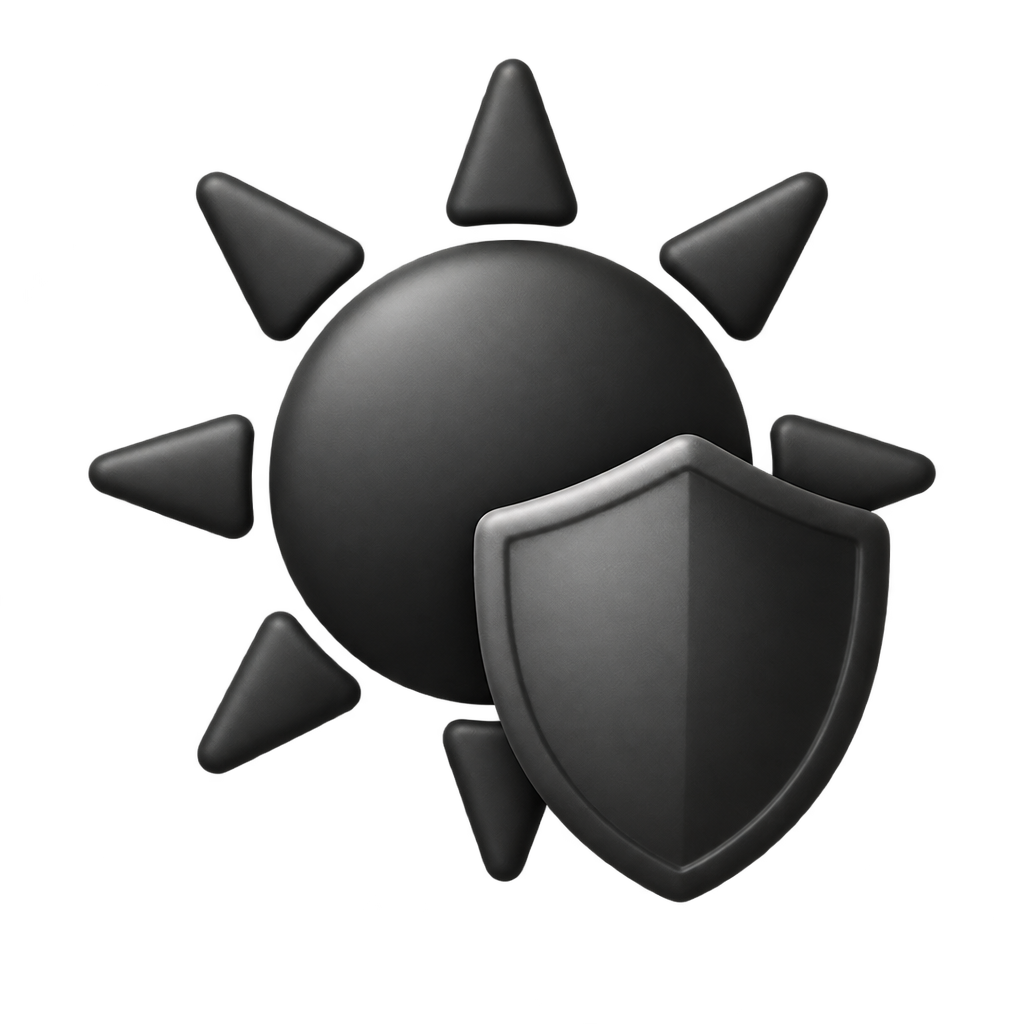 Dark grey sun-and-shield icon.