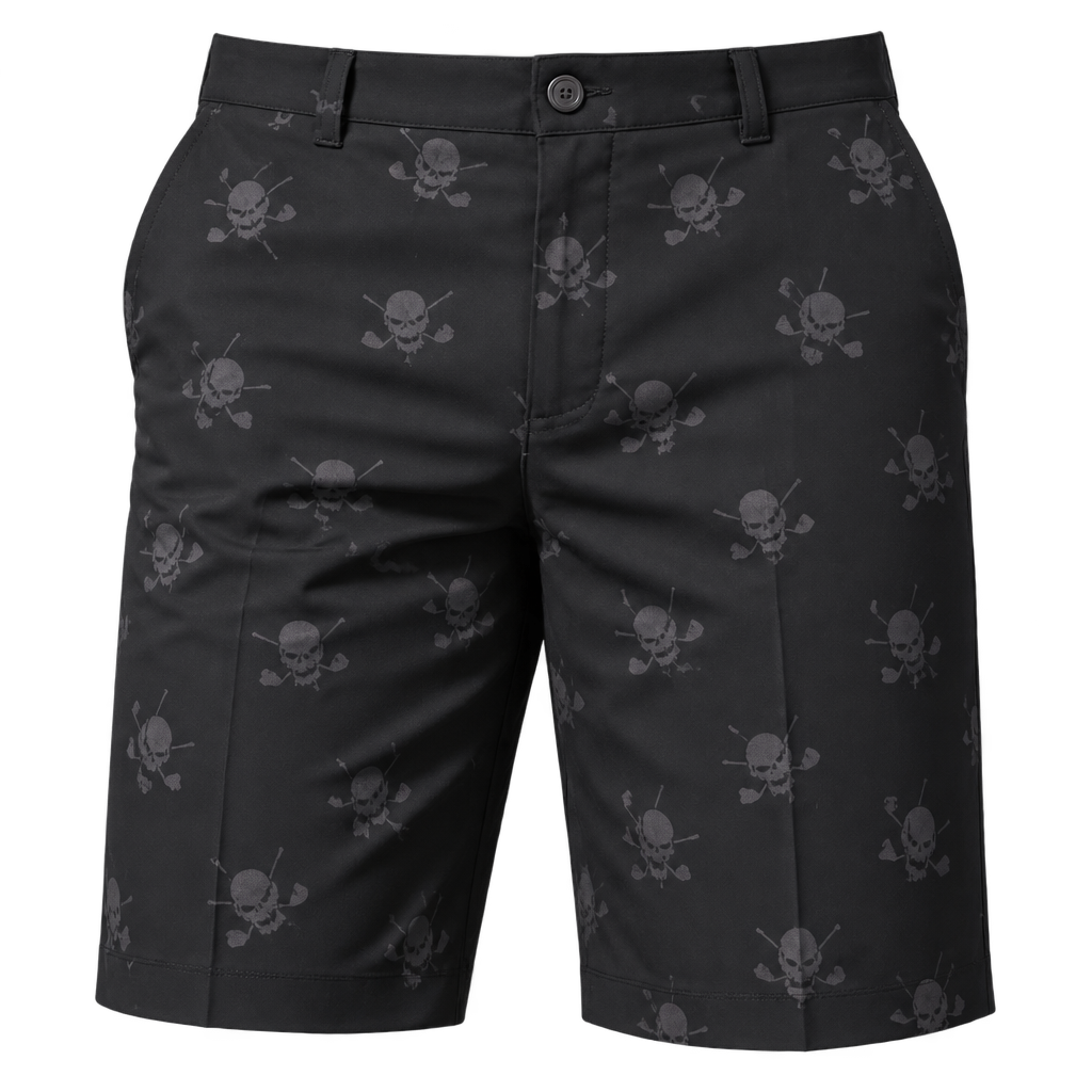 Close-up front view of black golf shorts with repeating grey skull-and-crossed-clubs motifs.