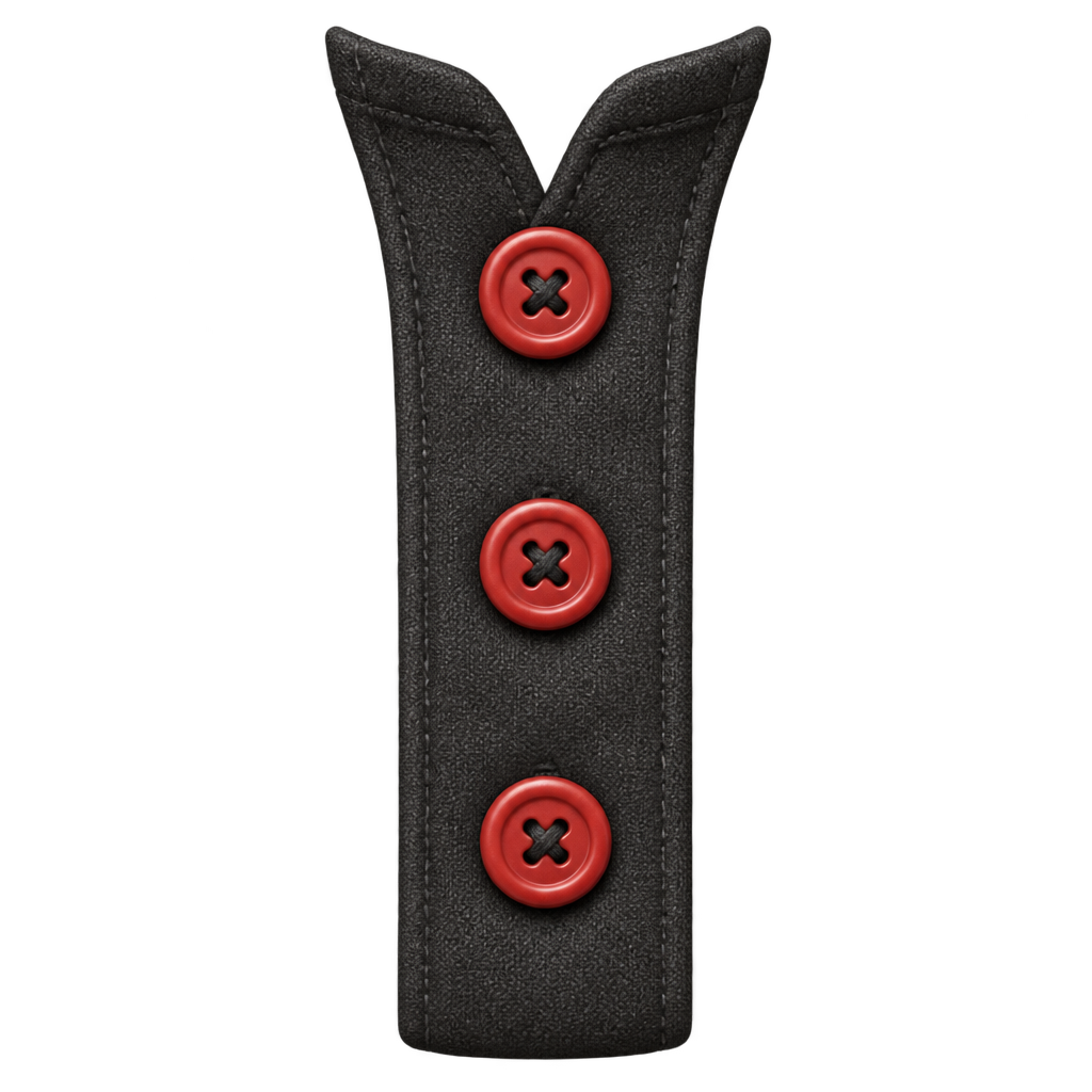 Illustration of a black button placket with three red buttons.