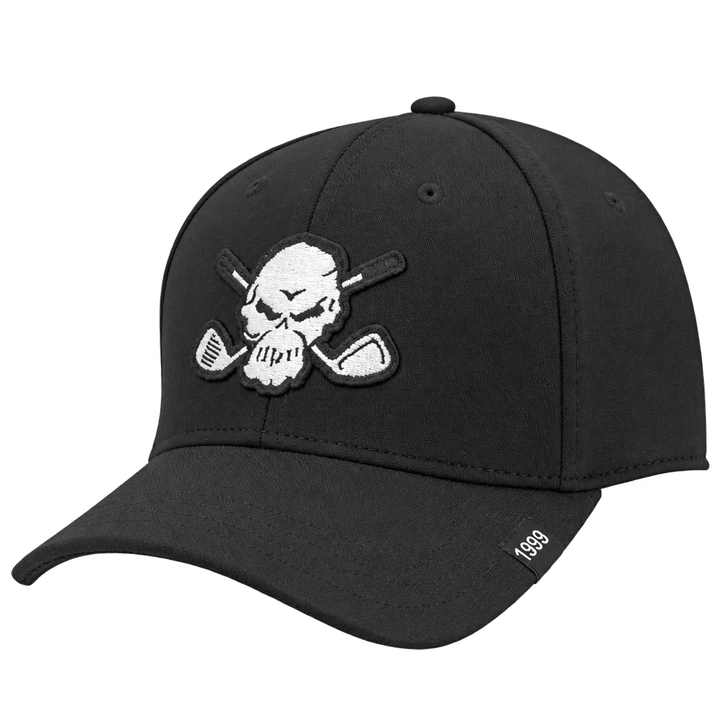 Front view of a black skull-patch cap with a small 1999 label on the brim.