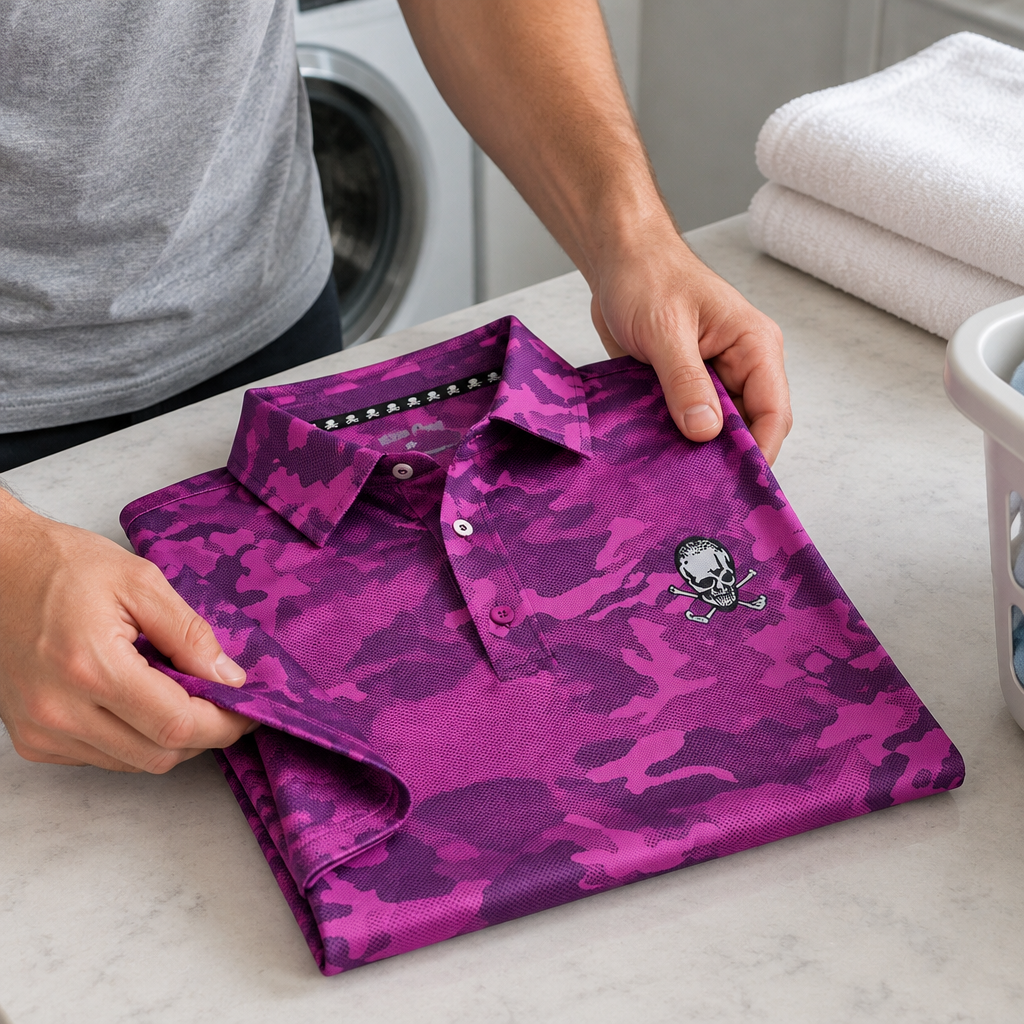 Hands folding a purple camouflage polo on a laundry counter.