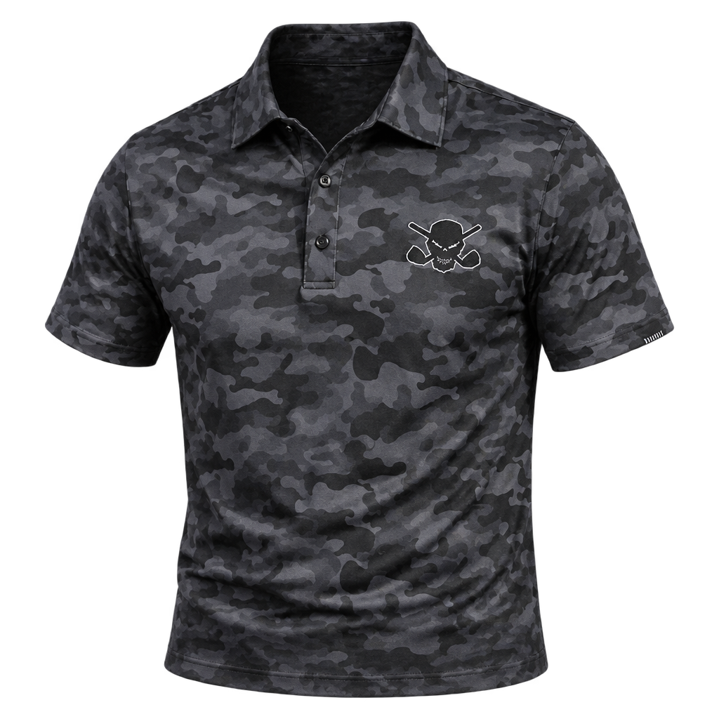 Front view of a dark grey camouflage golf polo with a skull-and-crossed-clubs chest logo.