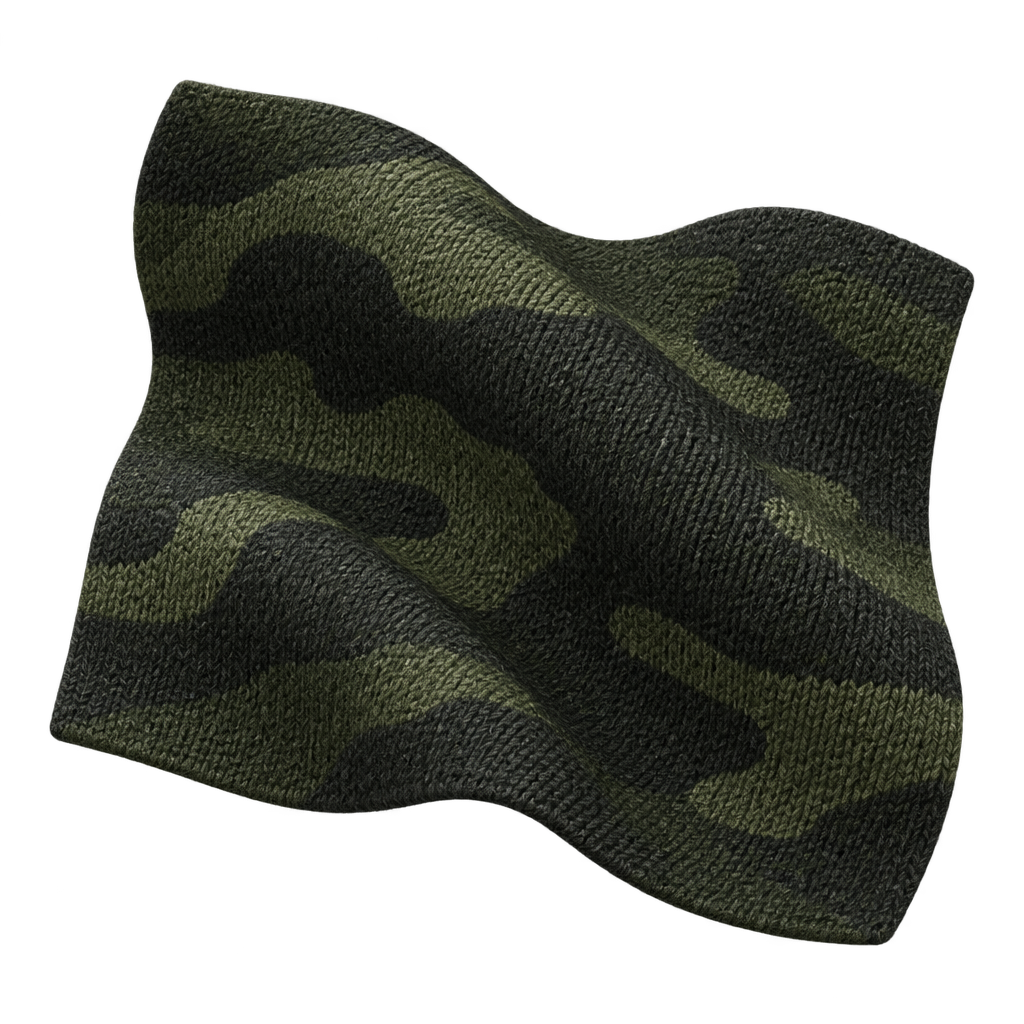 Illustration of a folded dark green camouflage fabric swatch.