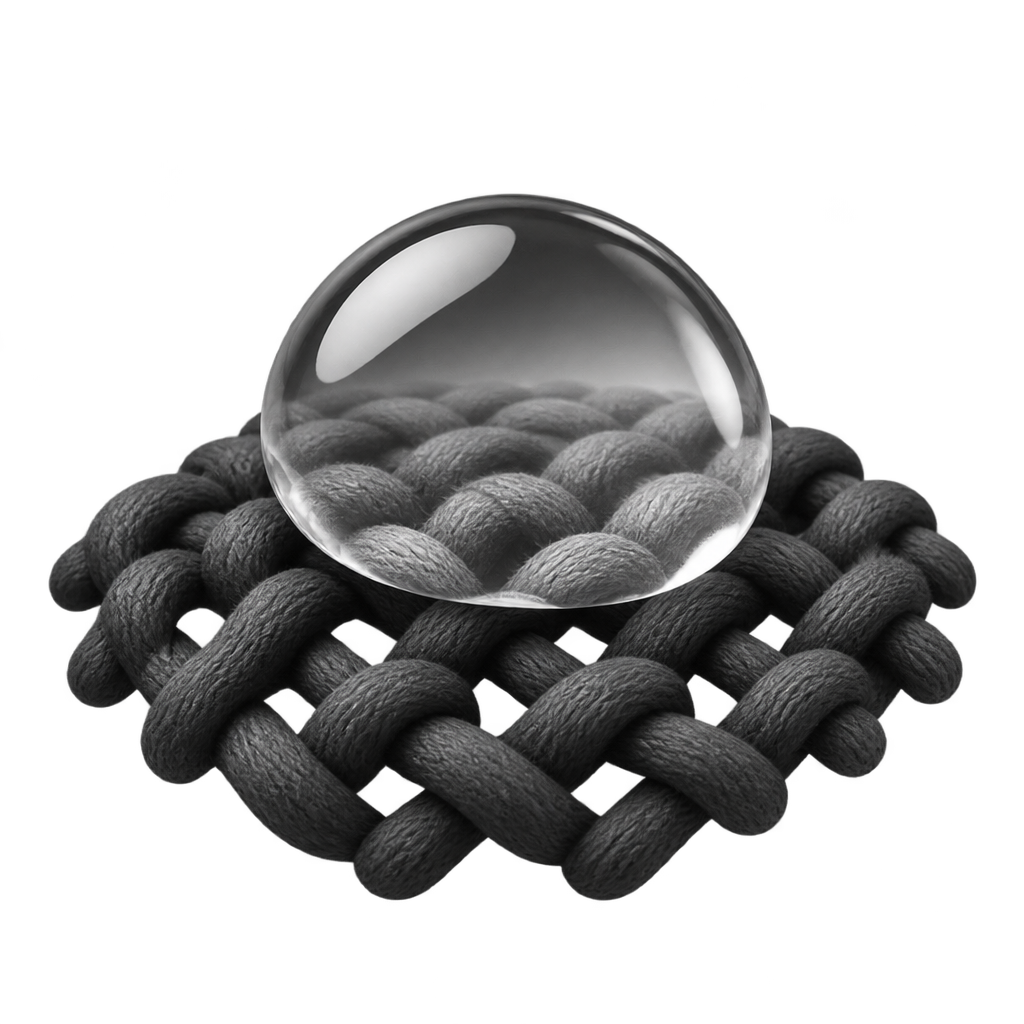Illustration of a clear water droplet on black knit stitches.