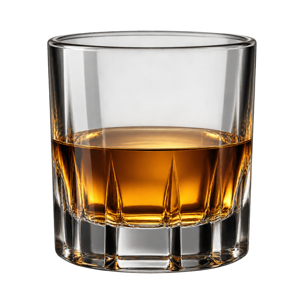 Short clear tumbler holding an amber-colored drink.
