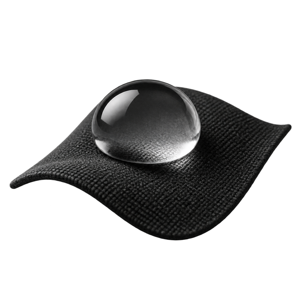 Illustration of a clear water droplet resting on black knitted fabric.