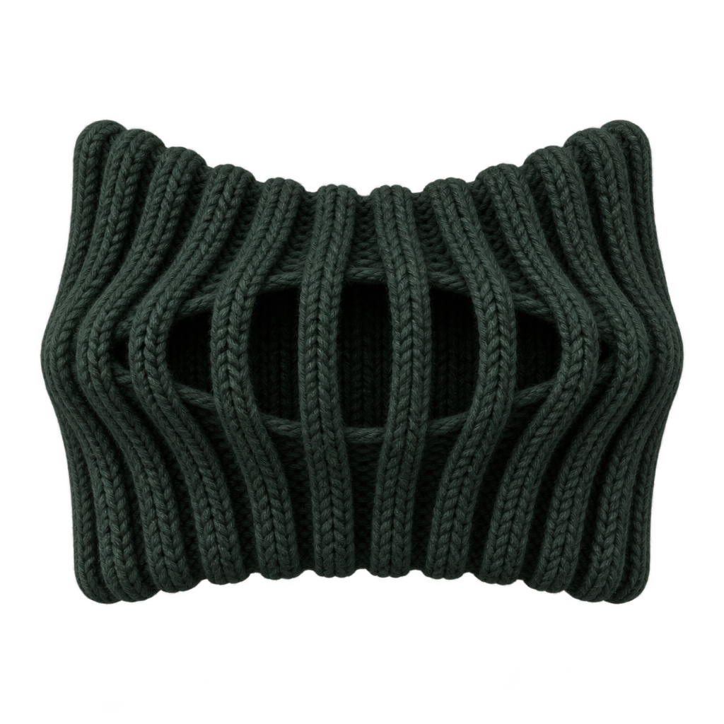 Illustration of a dark green ribbed knit swatch with separated central strands.