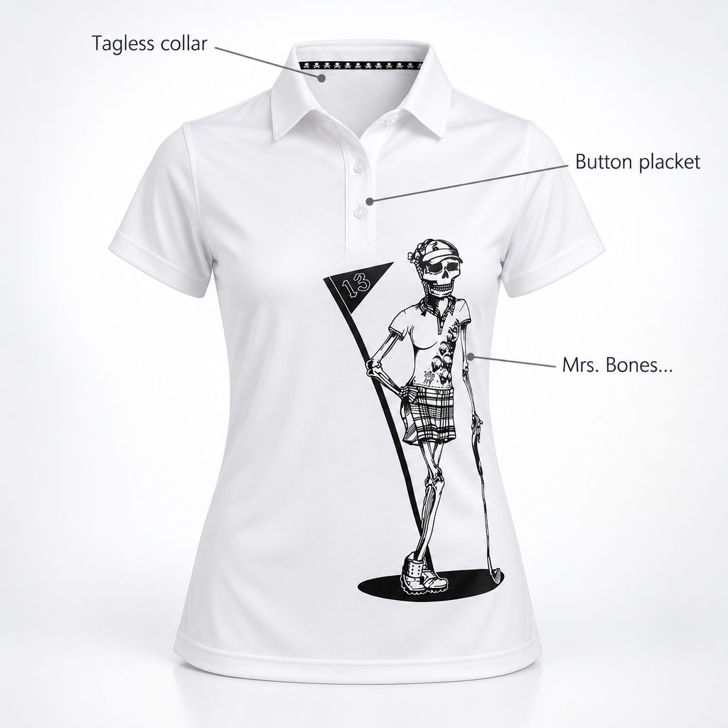 White skeleton-golfer polo diagram with arrows pointing to the collar, button placket and figure.