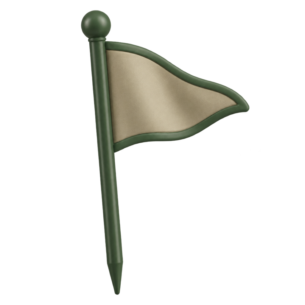 Cream-colored golf flag on a green pole against a dark background.