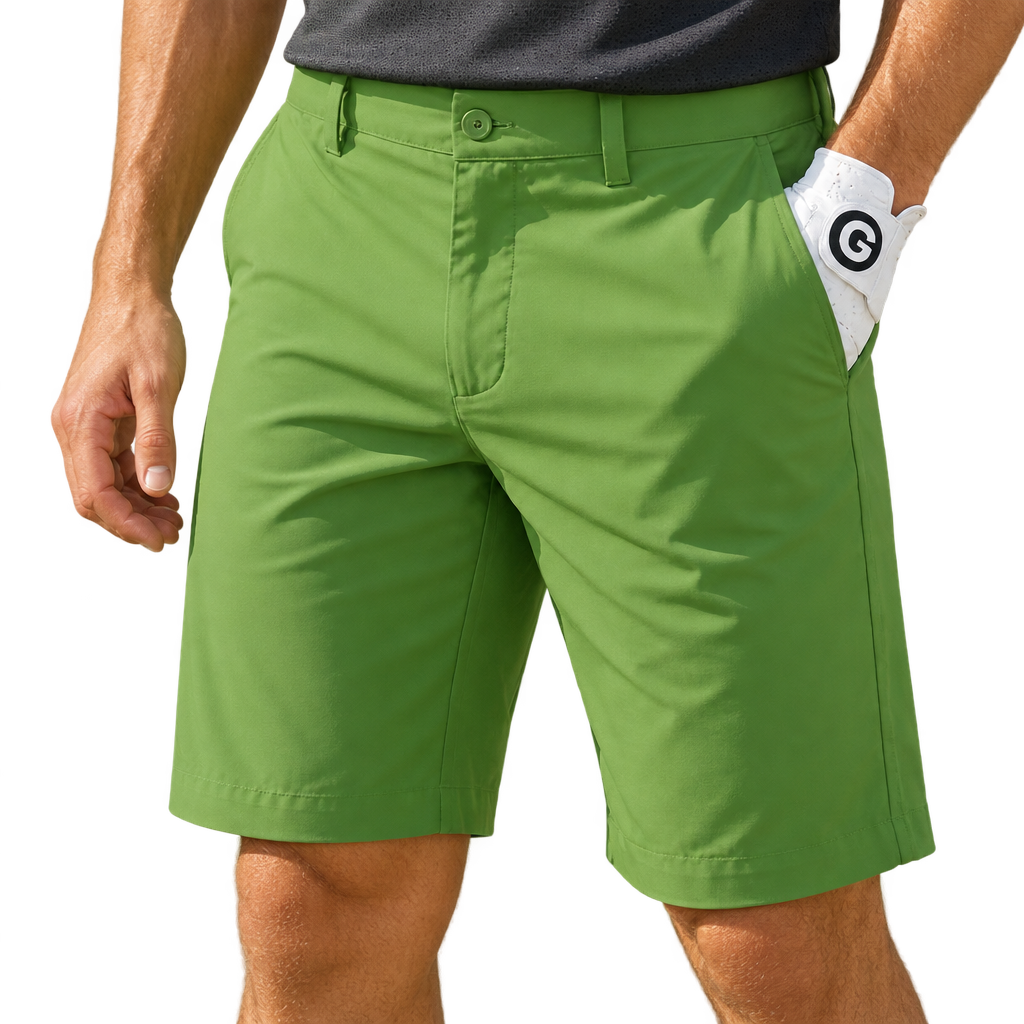 Front view of green golf shorts worn with a dark polo, with a white-gloved hand resting in a pocket.