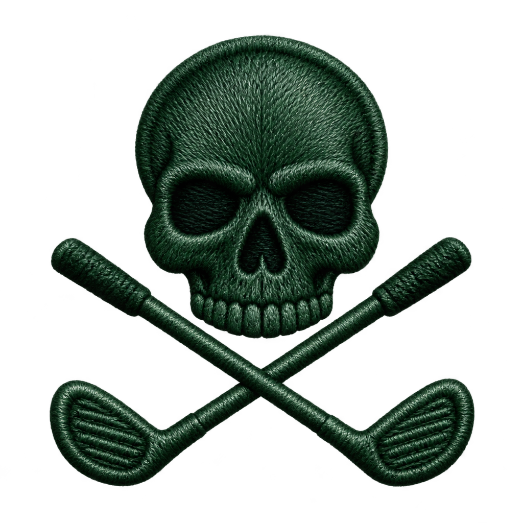 Green embroidered-style skull-and-crossed-clubs illustration.