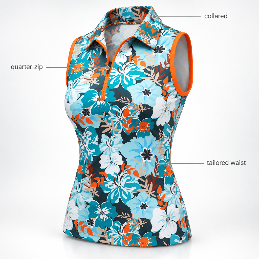 Floral sleeveless polo diagram with labels for the collar, quarter-zip and tailored waist.