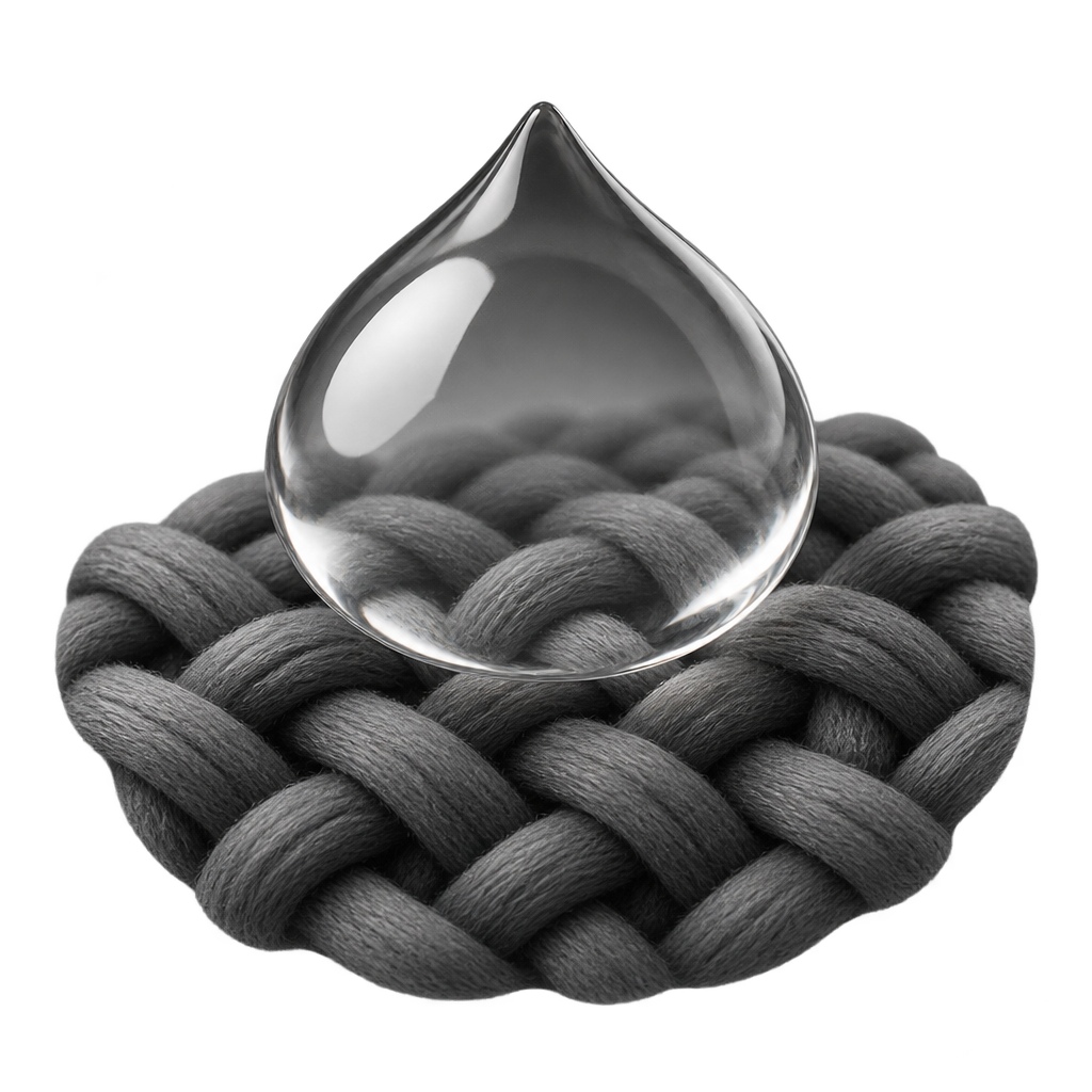 Illustration of a clear water droplet resting on enlarged grey knit stitches.