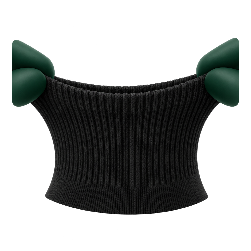 Illustration of hands stretching a black ribbed cuff sideways.
