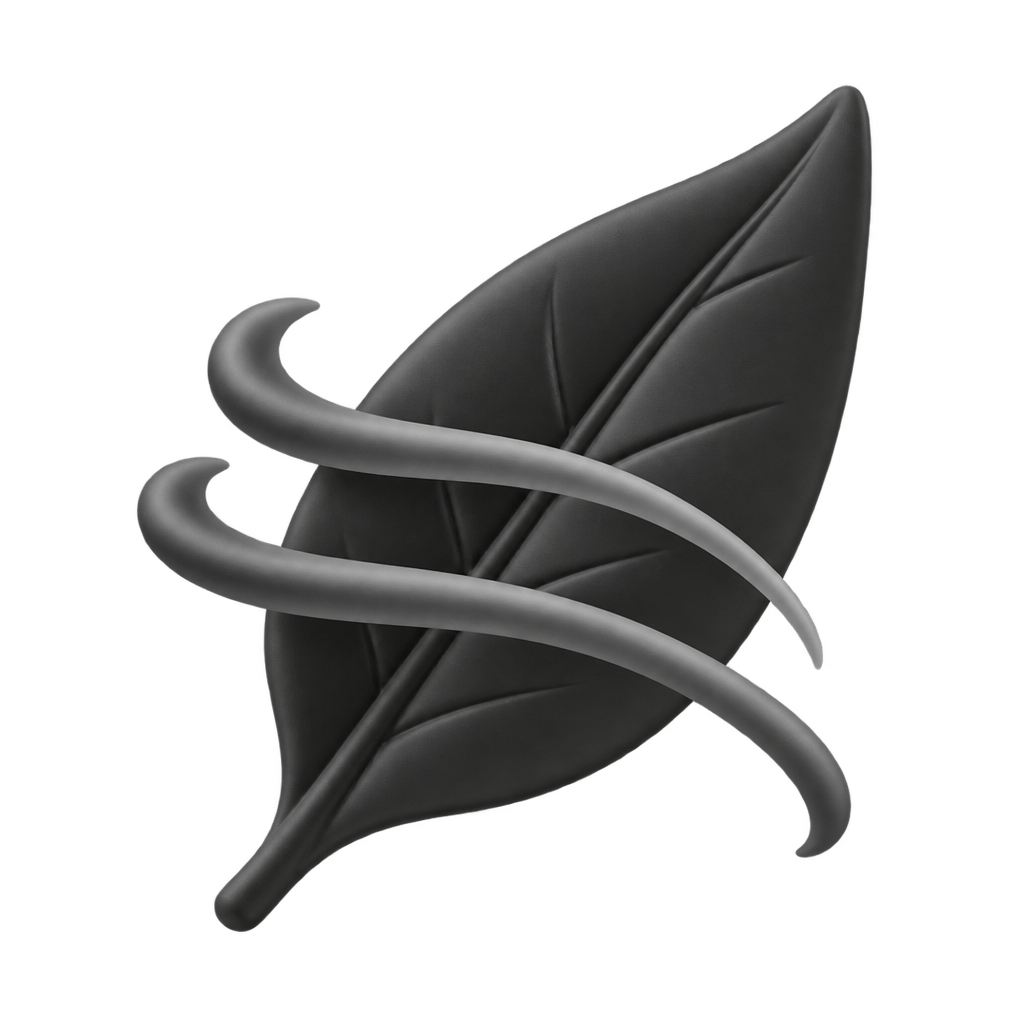 Dark leaf icon crossed by two curved flowing lines.