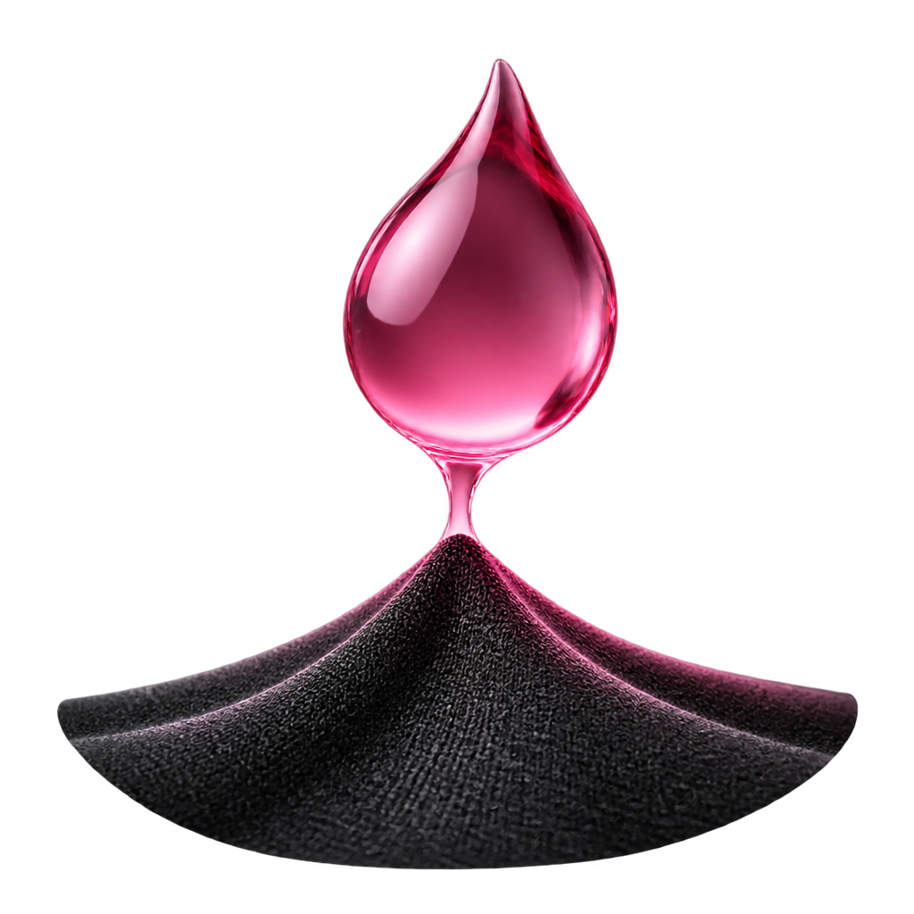 Illustration of a pink water droplet above folded black fabric.