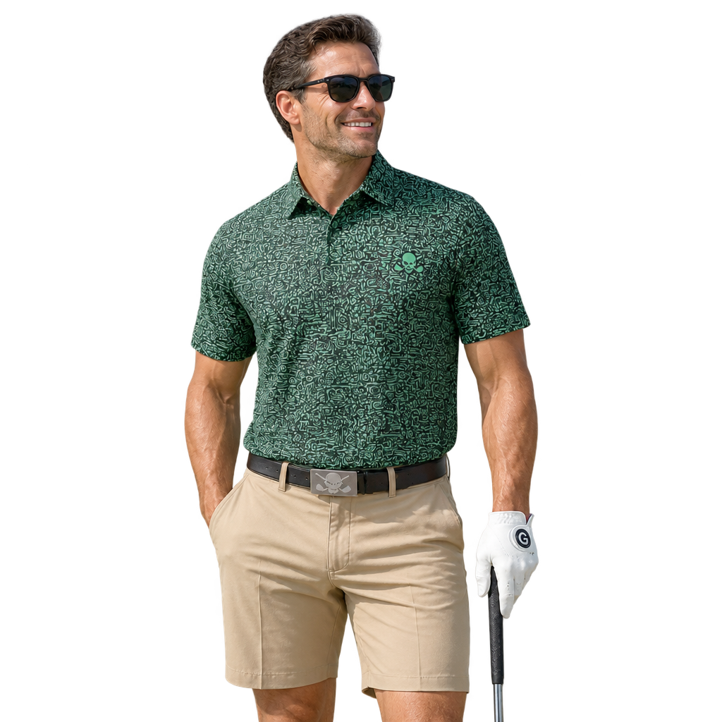 Golfer wearing a green patterned polo, beige shorts and black belt.