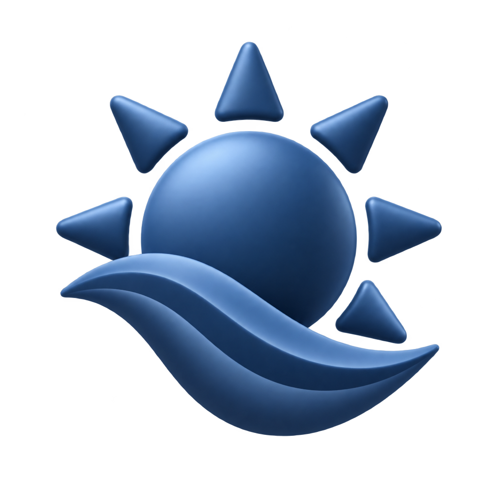 Blue sun icon crossed by two flowing bands.