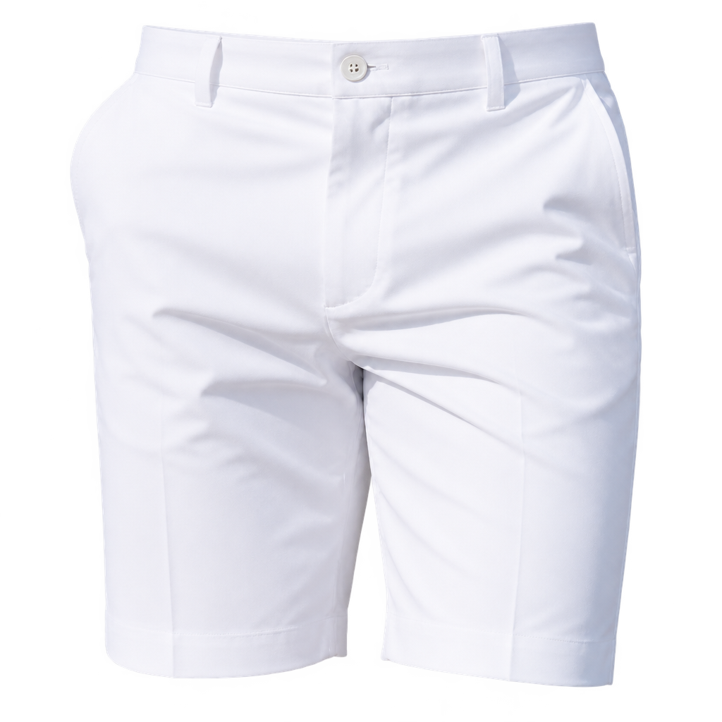 Close-up front view of white golf shorts showing the button waist, belt loops and angled pockets.
