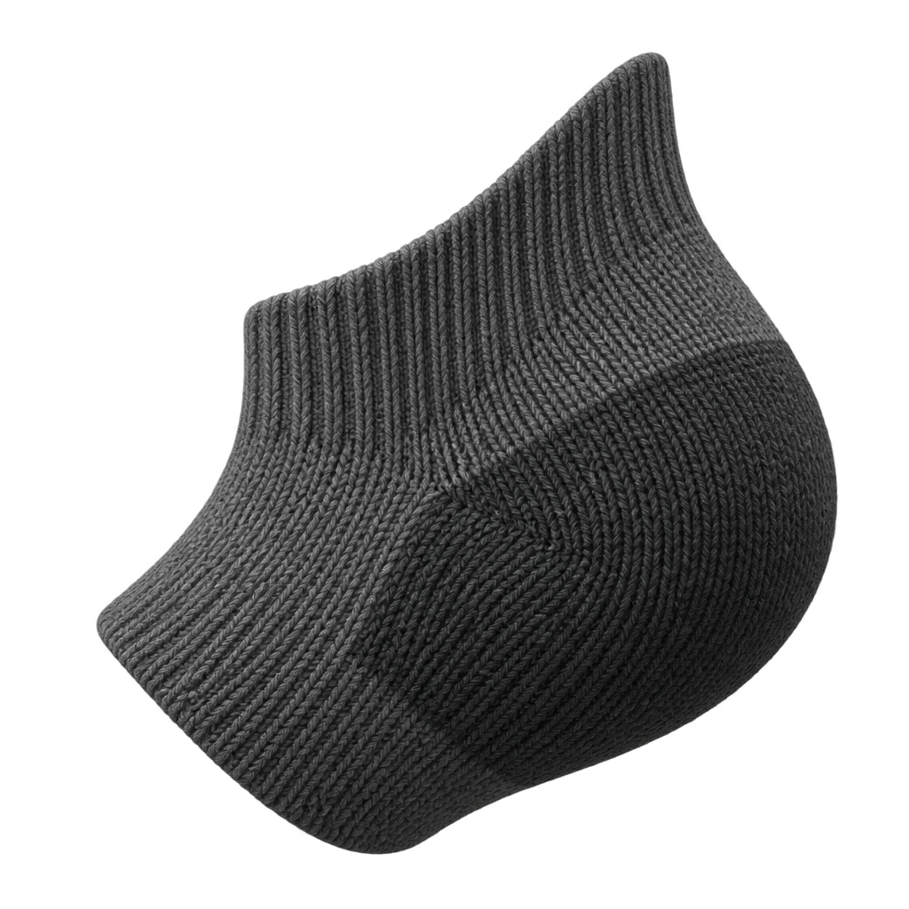 Illustration of a grey ribbed sock heel with a darker textured panel.