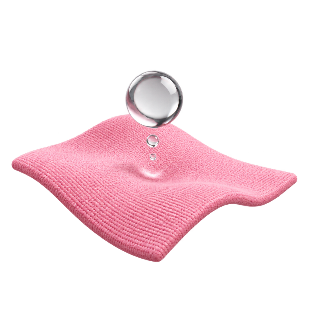 Illustration of clear water droplets above a pink textured fabric swatch.