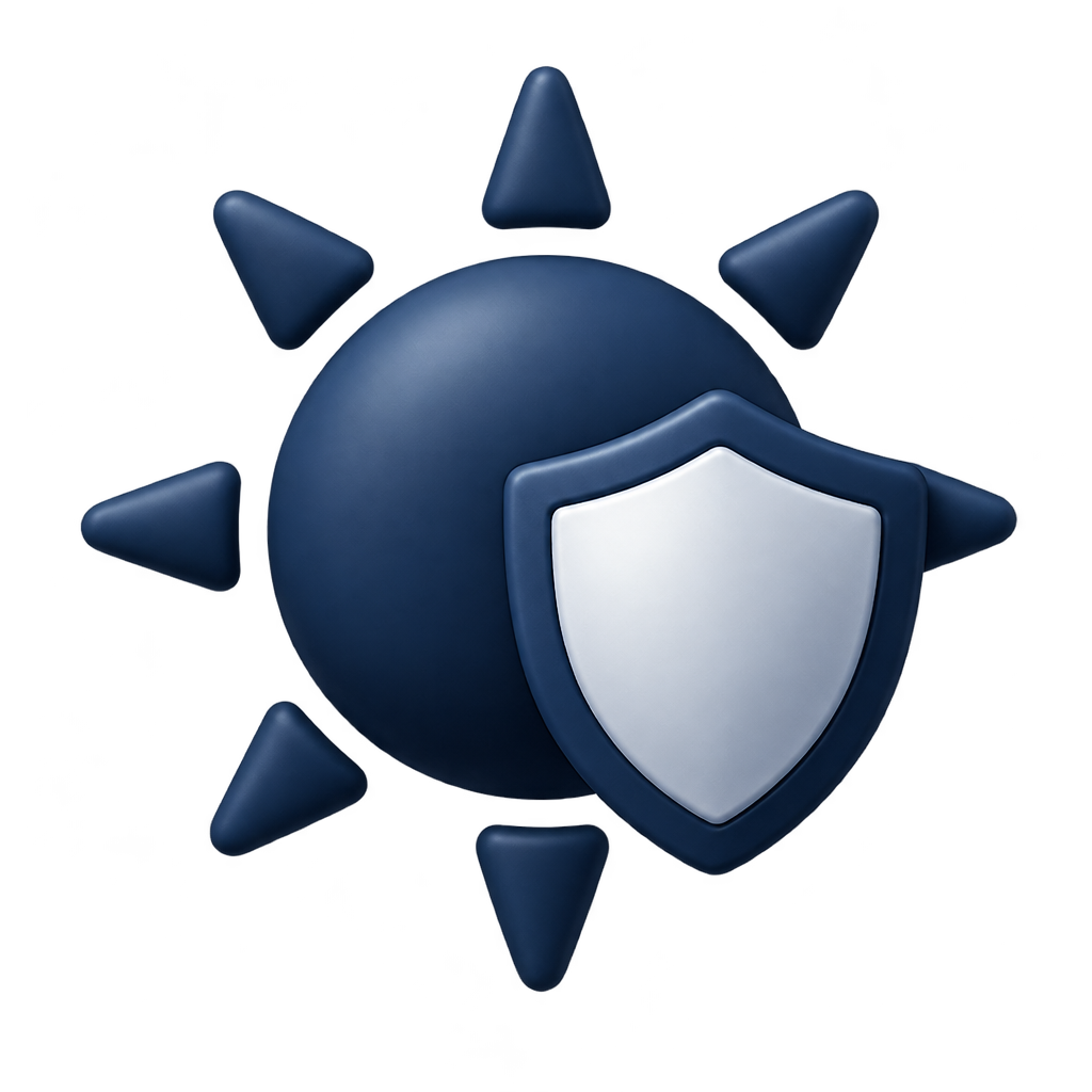 Navy sun icon with a white-centered shield.