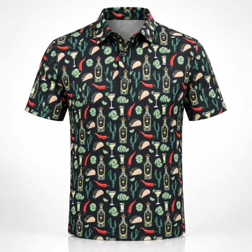 Front view of a black golf polo covered in colorful tacos, drinks and other food-themed graphics.