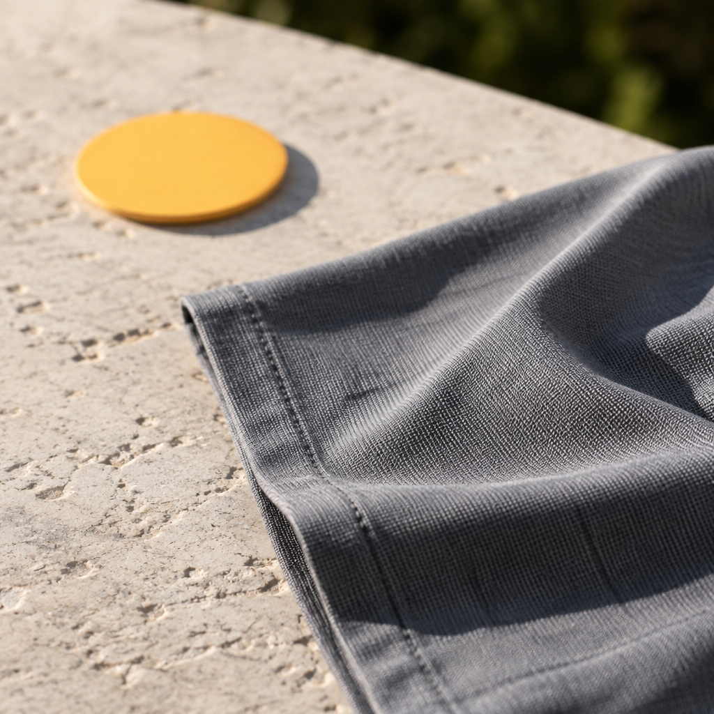 Close-up of a grey fabric hem on a stone surface beside a yellow circular marker.
