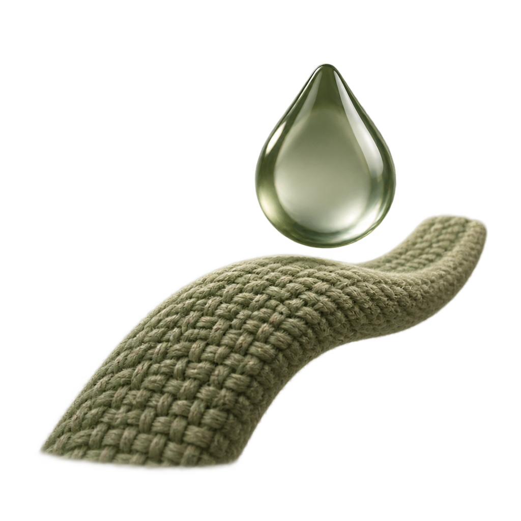 Illustration of a green-tinted water droplet above a curved khaki knitted fabric swatch.