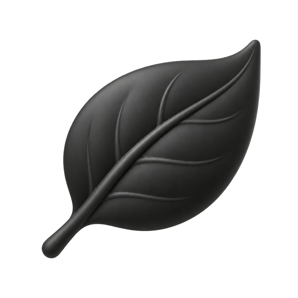 Black leaf icon with a raised central vein on a dark background.