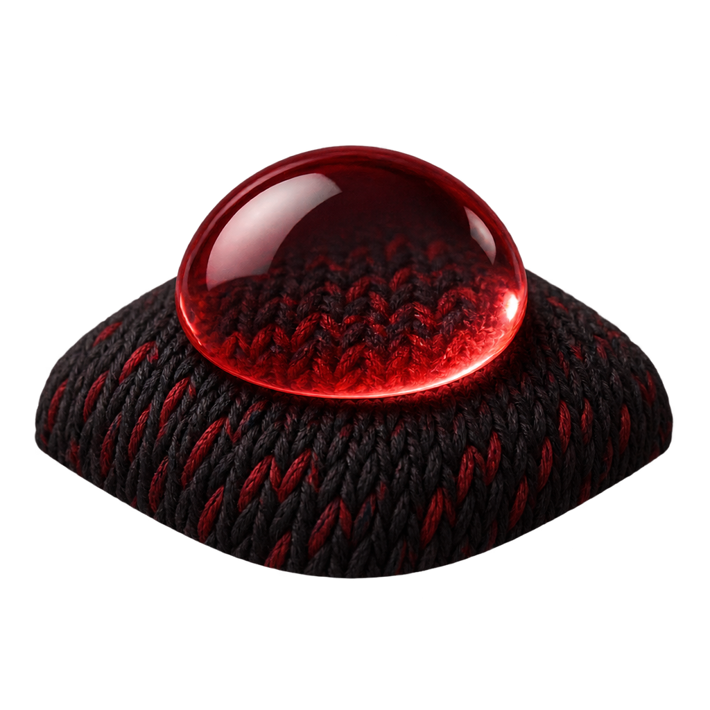 Illustration of a red-tinted water droplet on black and red knitted fabric.