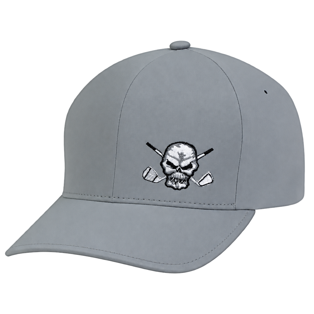 Grey curved-brim cap with a white skull-and-crossed-clubs logo.