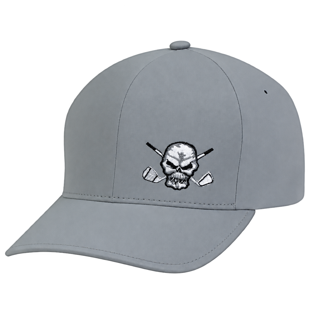 Grey curved-brim cap with a white skull-and-crossed-clubs logo.