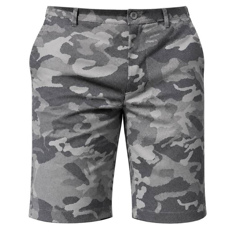 Close-up front view of grey camouflage golf shorts showing the button waist, belt loops and front fly.
