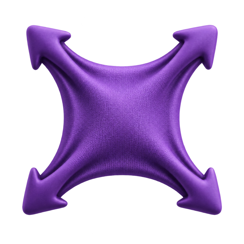 Illustration of purple fabric pulled outward in four directions by arrows.