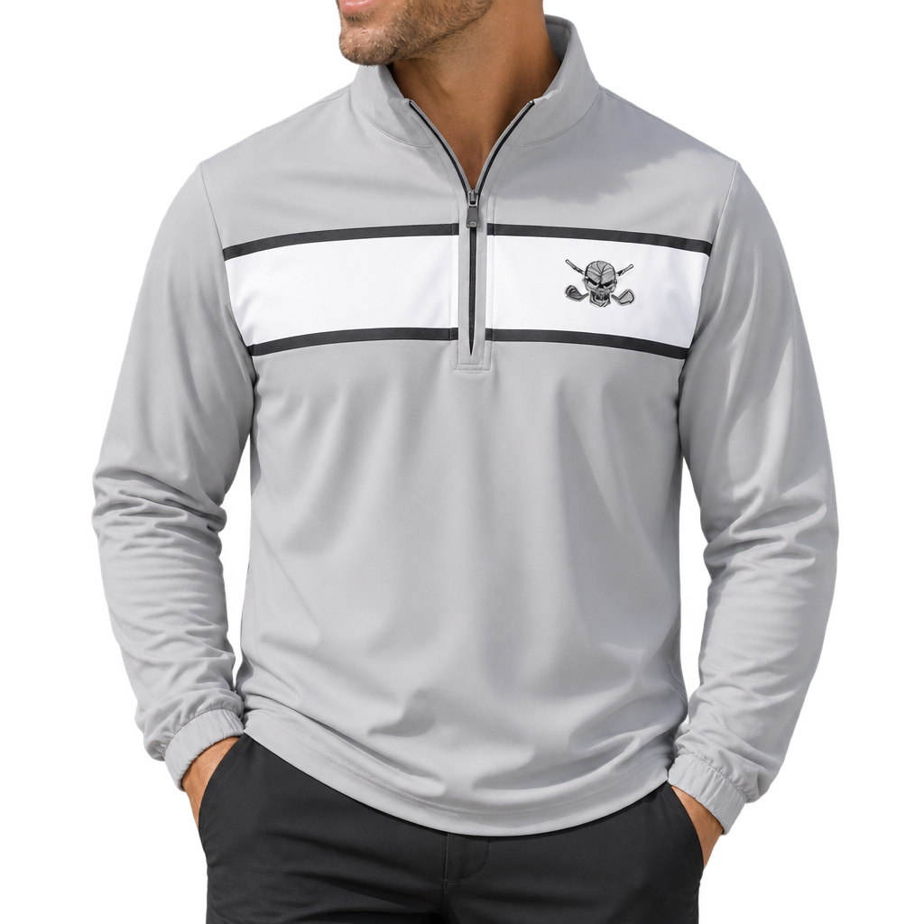 Man wearing a grey quarter-zip top with a white chest stripe and skull logo.