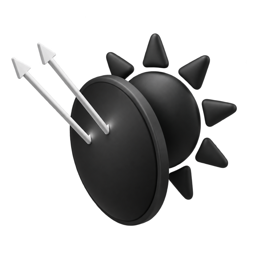 Illustration of a dark sun behind a curved shield with two white arrows pointing away.