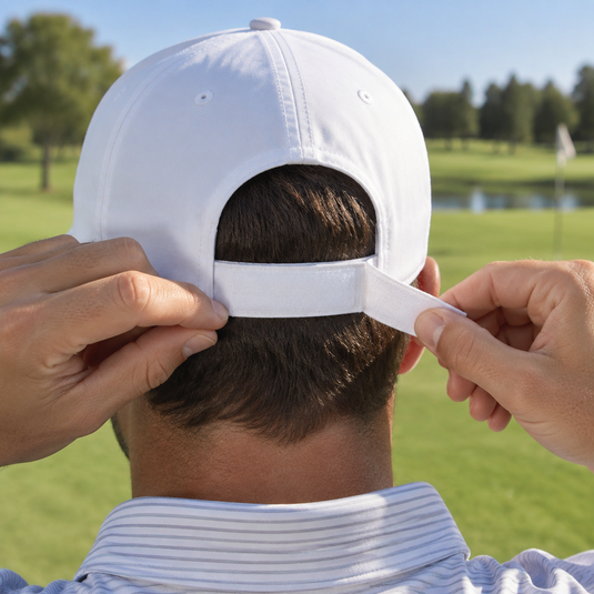 Rear view of a golfer adjusting the white strap on a cap.