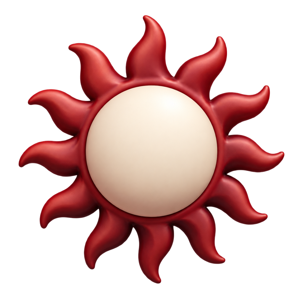 Cream-colored sun with red curved rays.