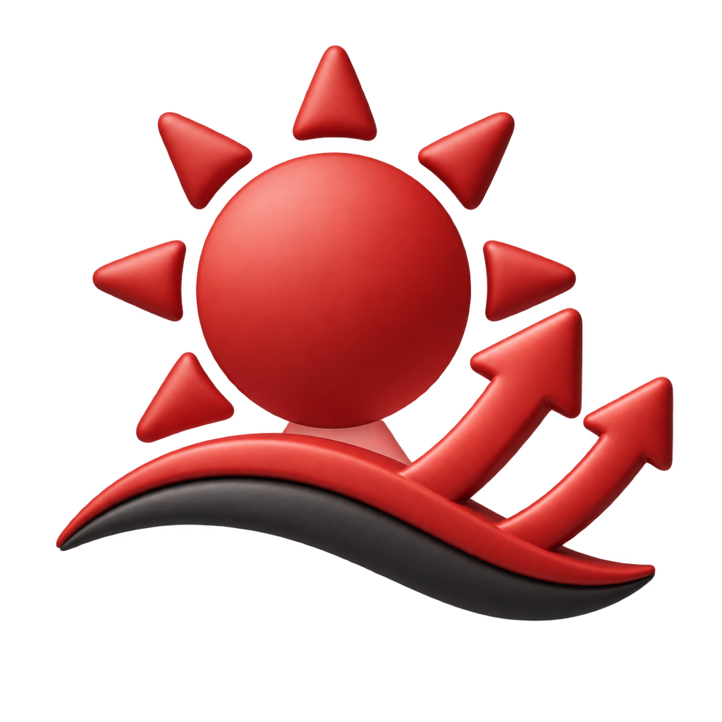 Red sun icon above a curved band with two rising arrows.