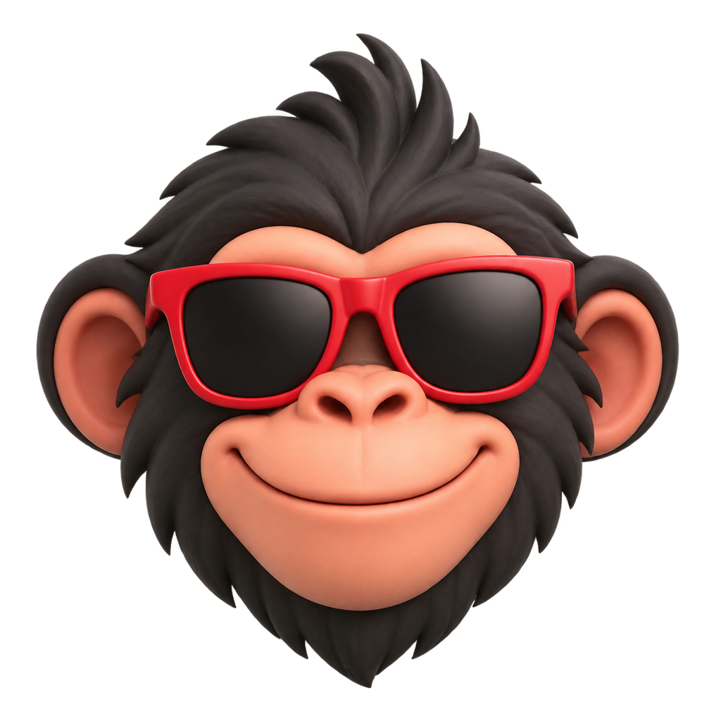 Cartoon monkey face wearing red sunglasses.